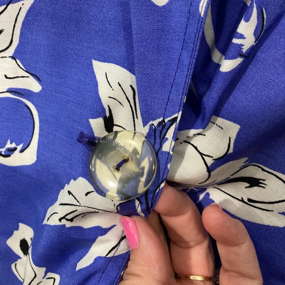 Tramway Paris Floral Tunic top long sleeve asymmetrical hem open back blue white - Picture 4 of 11